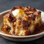 “A serving of warm bread pudding recipe topped with a scoop of melting ice cream and drizzled with caramel sauce. The dessert’s edges are golden brown and slightly crisp, with gooey custard inside.”