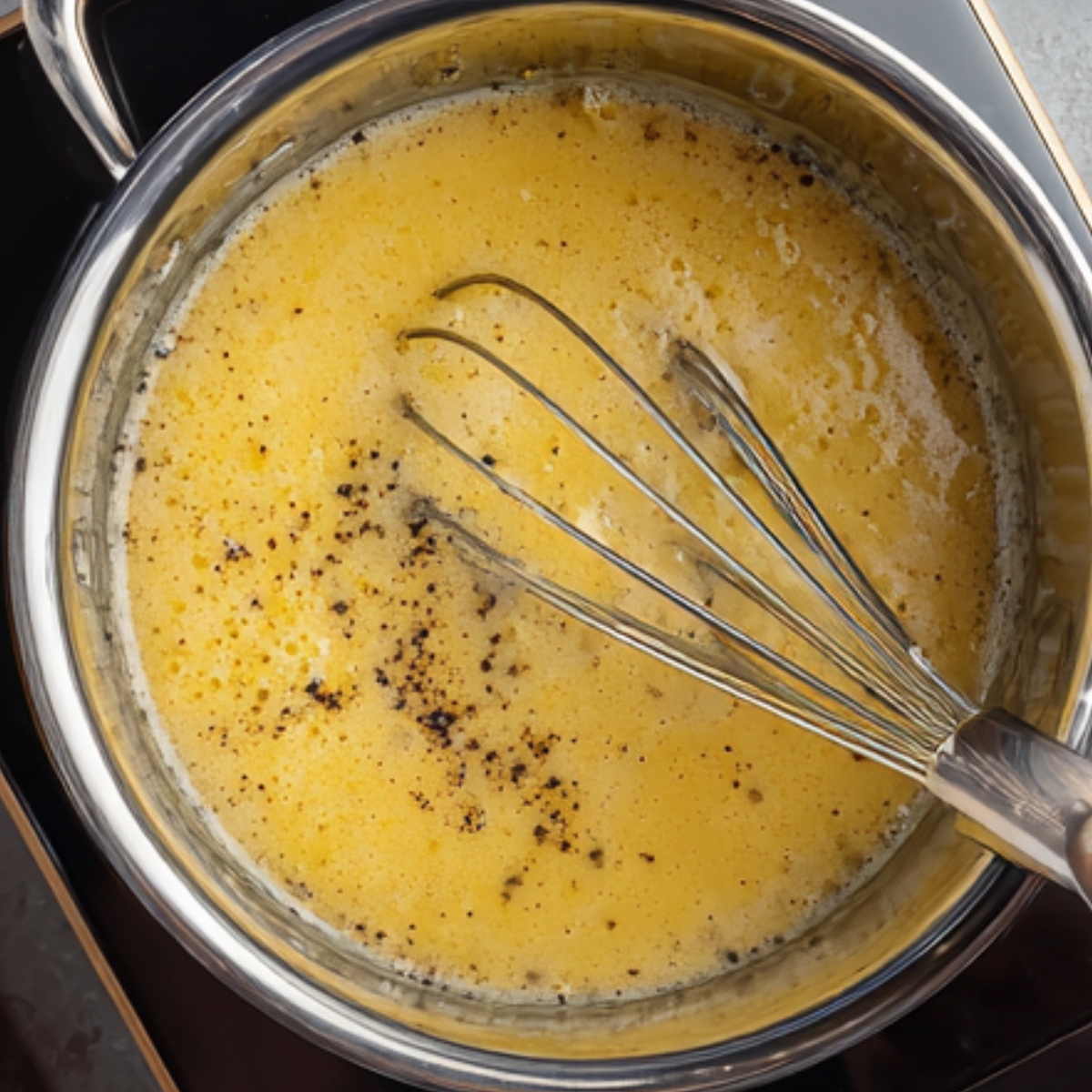 “Small saucepan filled with creamy, bubbling sauce being whisked. The sauce is a warm caramel-yellow color with specks of spice visible across the surface.”