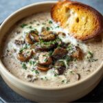 A creamy mushroom soup garnished with chopped parsley and served with a slice of toasted bread.