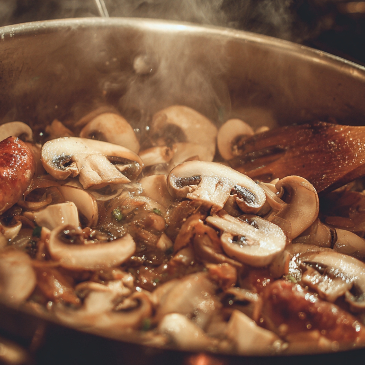 A close-up of sliced mushrooms being sautéed in a pan with sausages, producing steam from the cooking process.