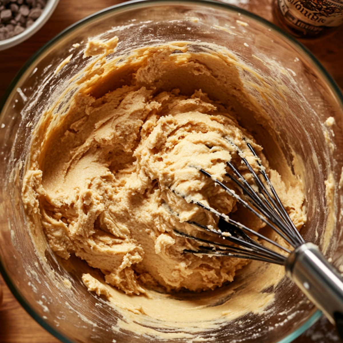 A close-up of a mixing bowl with cookie dough, being whisked with a metal hand whisk.