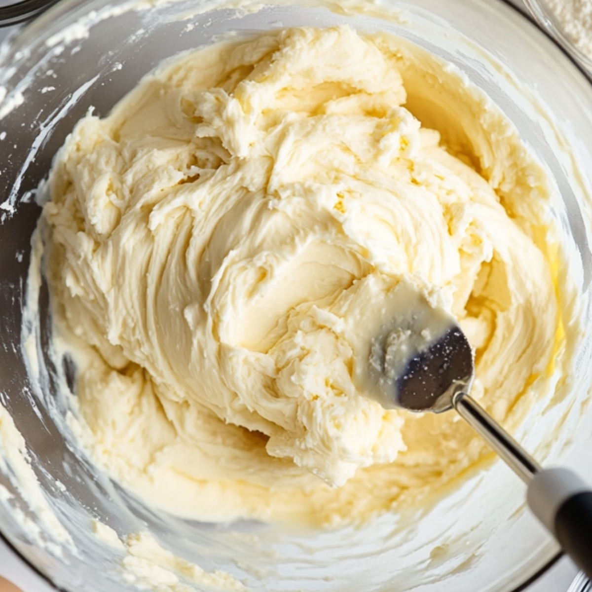 A close-up view of a mixing bowl containing a creamy, smooth butter mixture, likely prepared for cookie dough.