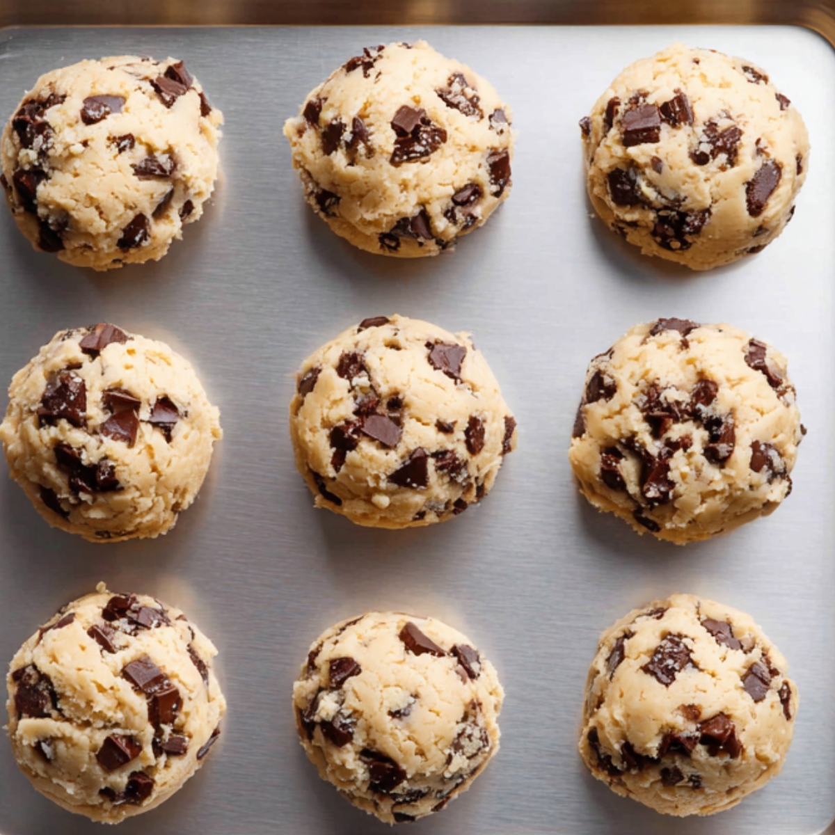 A baking tray with nine mounds of cookie dough, each filled with chunks of dark chocolate, ready to be baked.