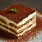 A beautifully plated slice of tiramisu recipe with layers of coffee-soaked ladyfingers and mascarpone cream, topped with cocoa powder and a mint sprig.