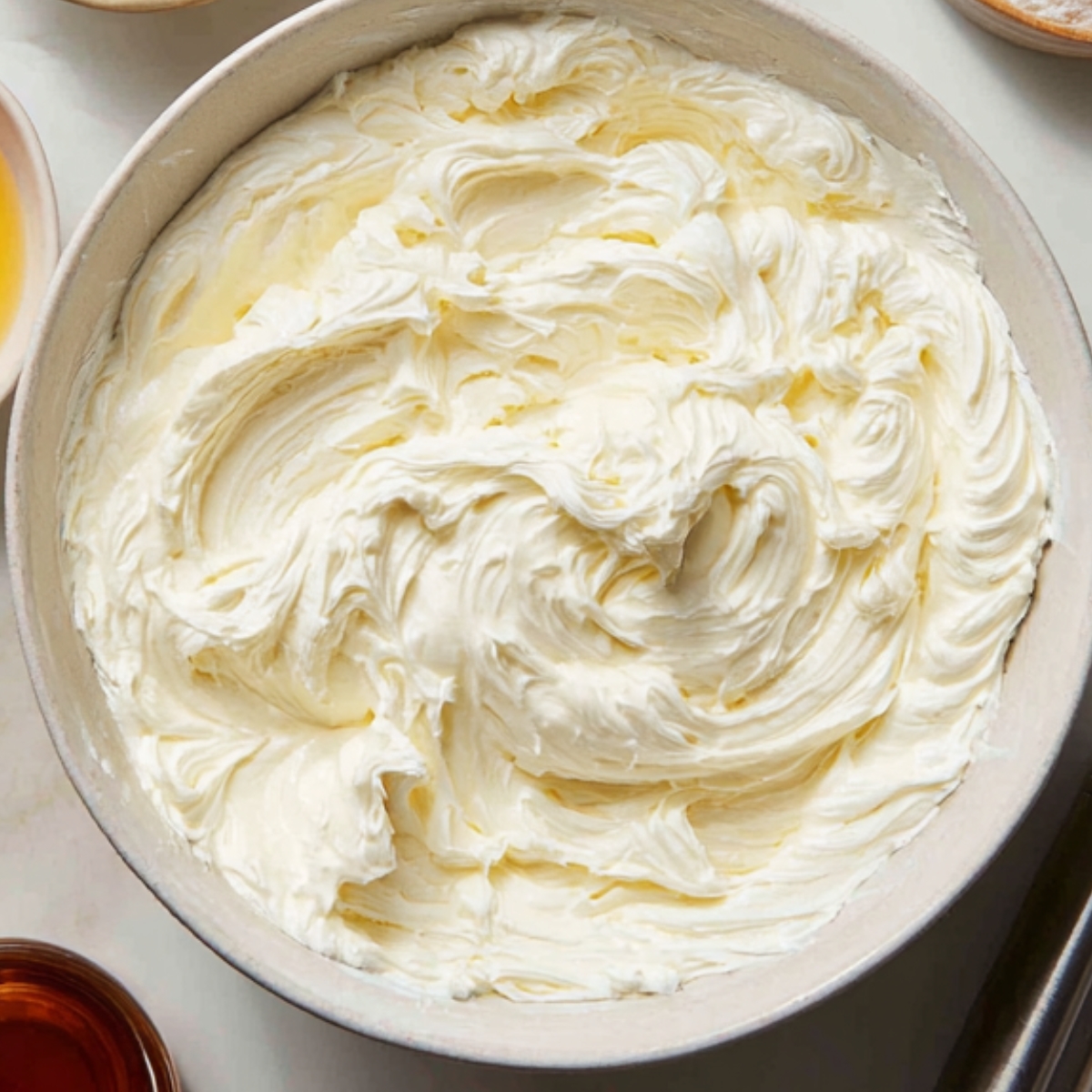 A bowl of whipped cream, likely part of the preparation for a dessert, with a smooth, creamy texture.