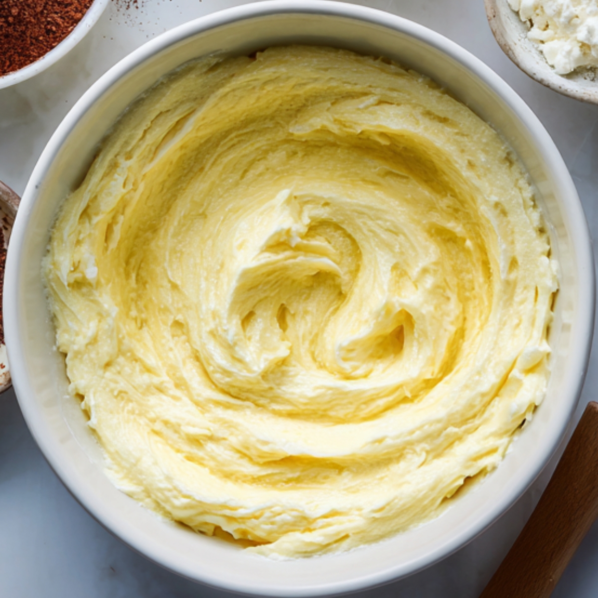 A bowl filled with fluffy whipped cream or mascarpone cream, possibly part of a tiramisu recipe, with a whisk placed inside.