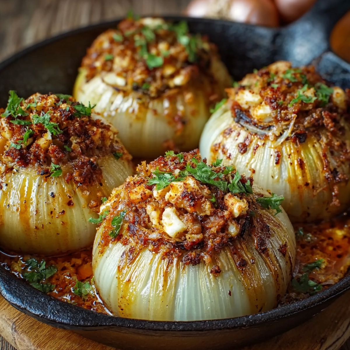 A close-up shot of four Greek stuffed onions with a savory filling, topped with crumbled breadcrumbs, herbs, and spices. They are baked and golden brown on top, placed in a cast-iron skillet with some herbs and seasoning sprinkled on top.