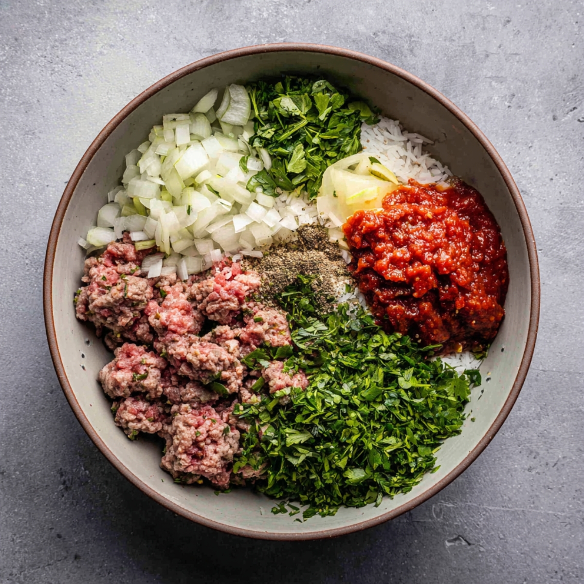 A large bowl filled with raw ingredients for stuffed onions: ground meat, rice, chopped onions, fresh parsley, herbs, spices, and tomato paste. The ingredients are arranged in a colorful and fresh-looking manner.