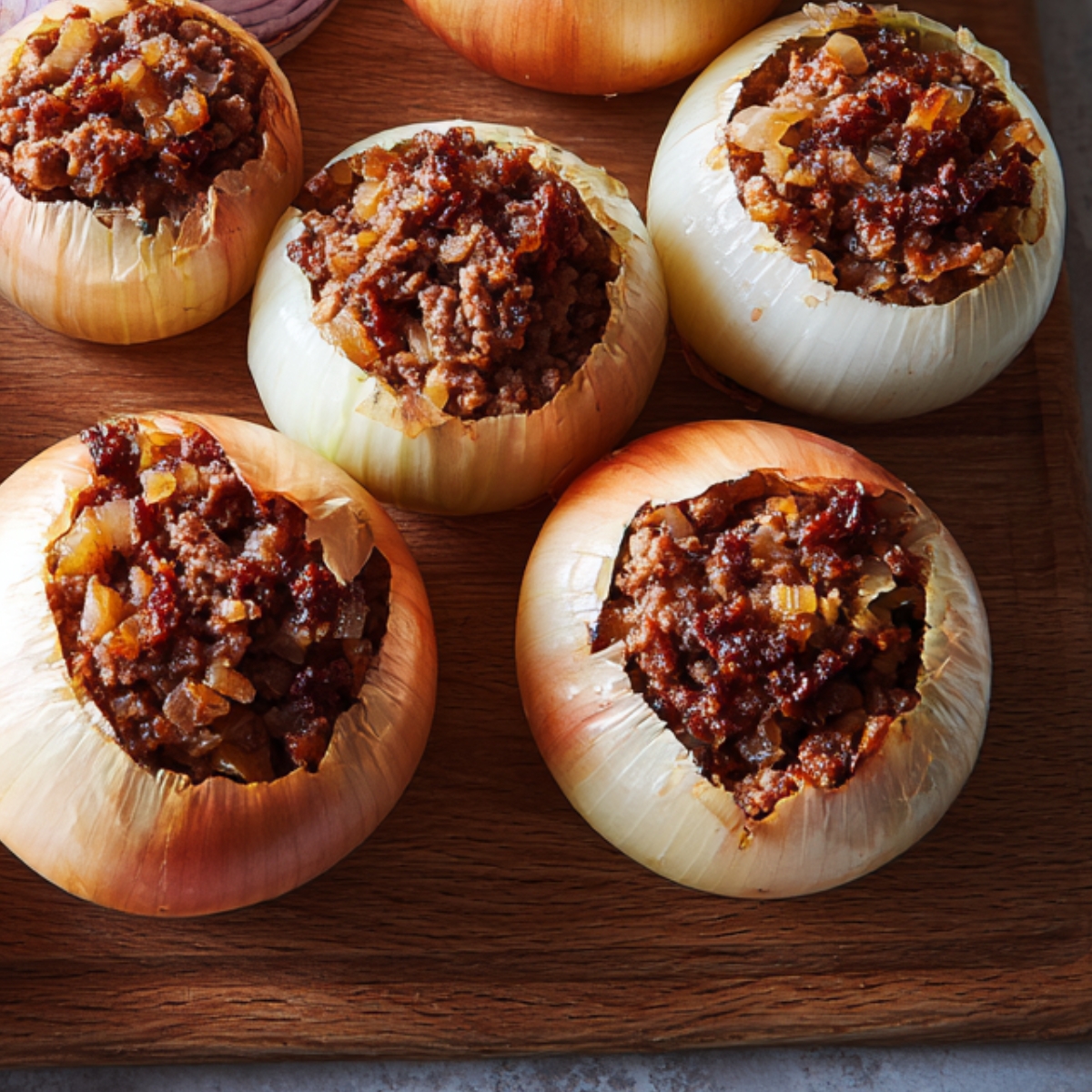 A set of onions, hollowed out and filled with ground meat, onion, and other savory ingredients. The stuffed onions are arranged neatly, ready for cooking or serving.