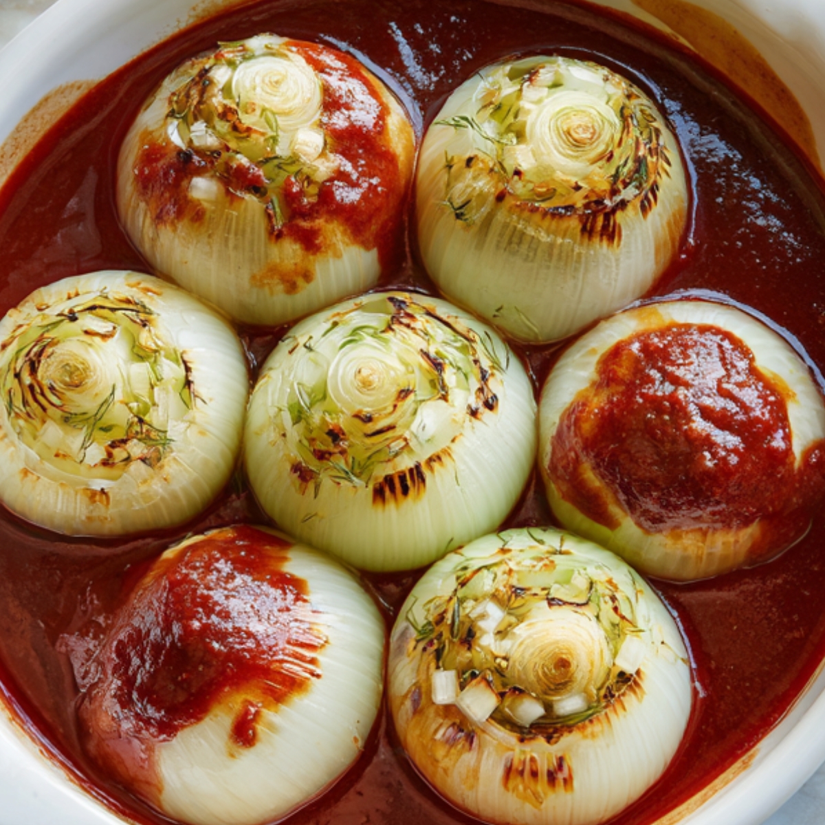 Seven large onions in a casserole dish, stuffed and topped with a rich, red sauce. The onions are slightly browned at the top, with a hint of herbs sprinkled over them, surrounded by a pool of sauce.