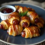 "Plate ofpigs in a blanket recipe baked sausage-wrapped in puff pastry with a side of ketchup for dipping, garnished with a sprig of rosemary."