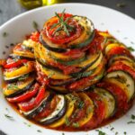 A stunning, stacked serving of ratatouille recipe with vibrant slices of zucchini, eggplant, and tomato, served in a white dish. The vegetables are layered high, topped with tomato sauce, and garnished with fresh herbs like rosemary and parsley.