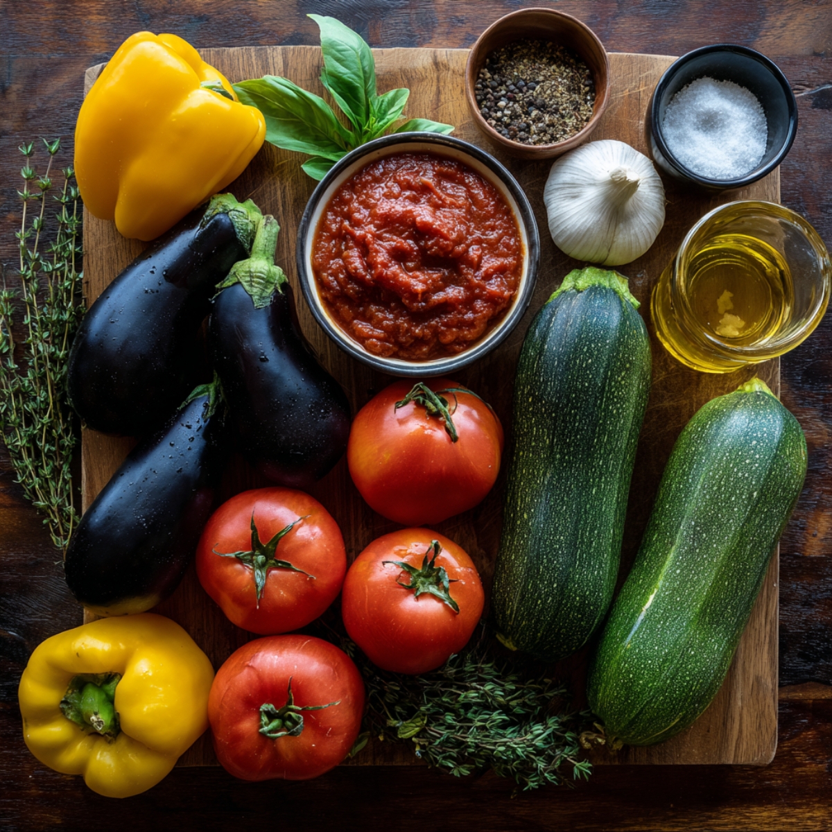 A flat lay of fresh ingredients for a vegetable dish, including zucchini, tomatoes, eggplant, yellow bell pepper, fresh thyme, garlic, olive oil, and a bowl of tomato sauce, with seasonings like salt and pepper. The vegetables and herbs are neatly arranged on a wooden cutting board.