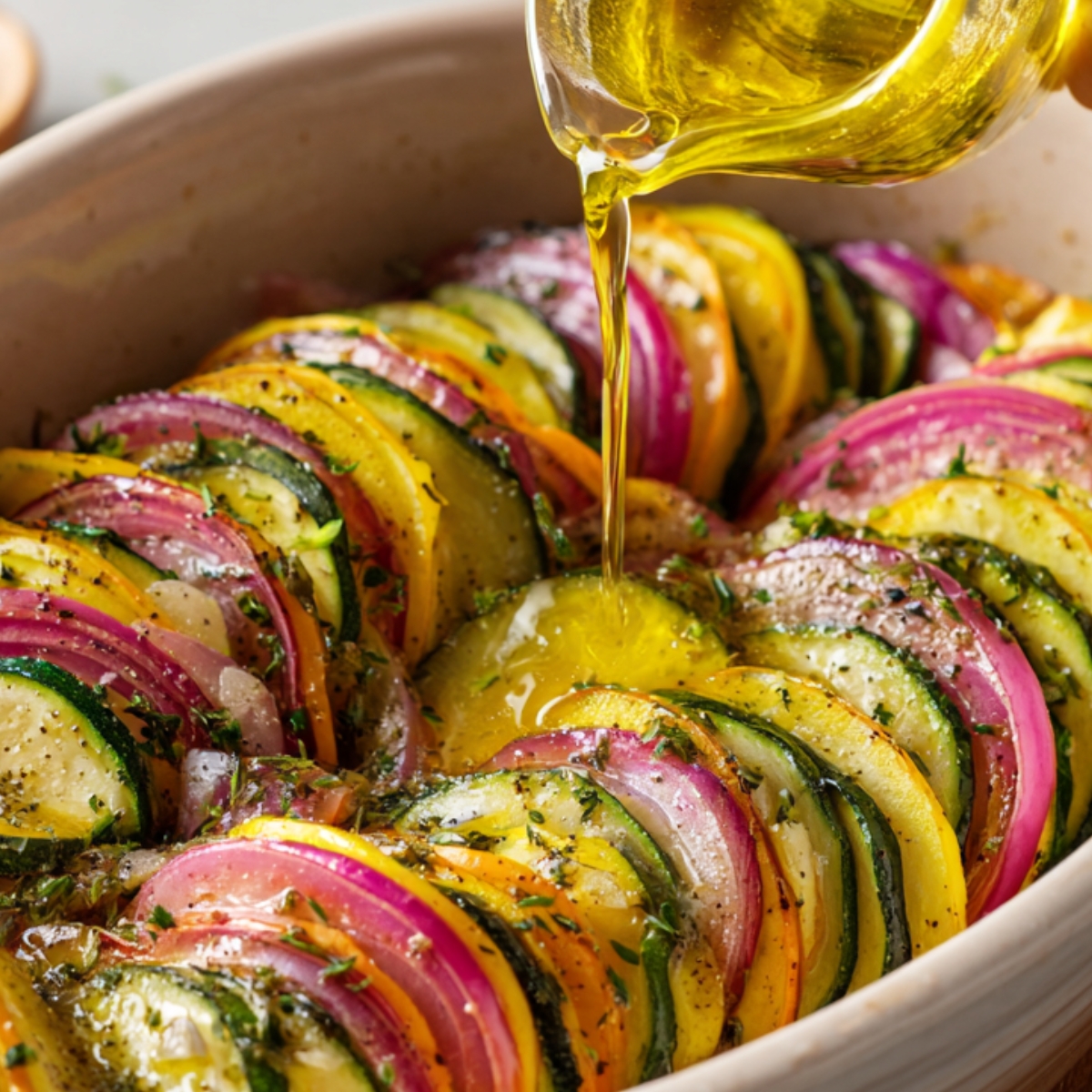 A vibrant dish of sliced vegetables including zucchini, yellow squash, and red onions arranged in a colorful pattern, with olive oil being poured over the top. The vegetables are seasoned with herbs, salt, and pepper before baking.