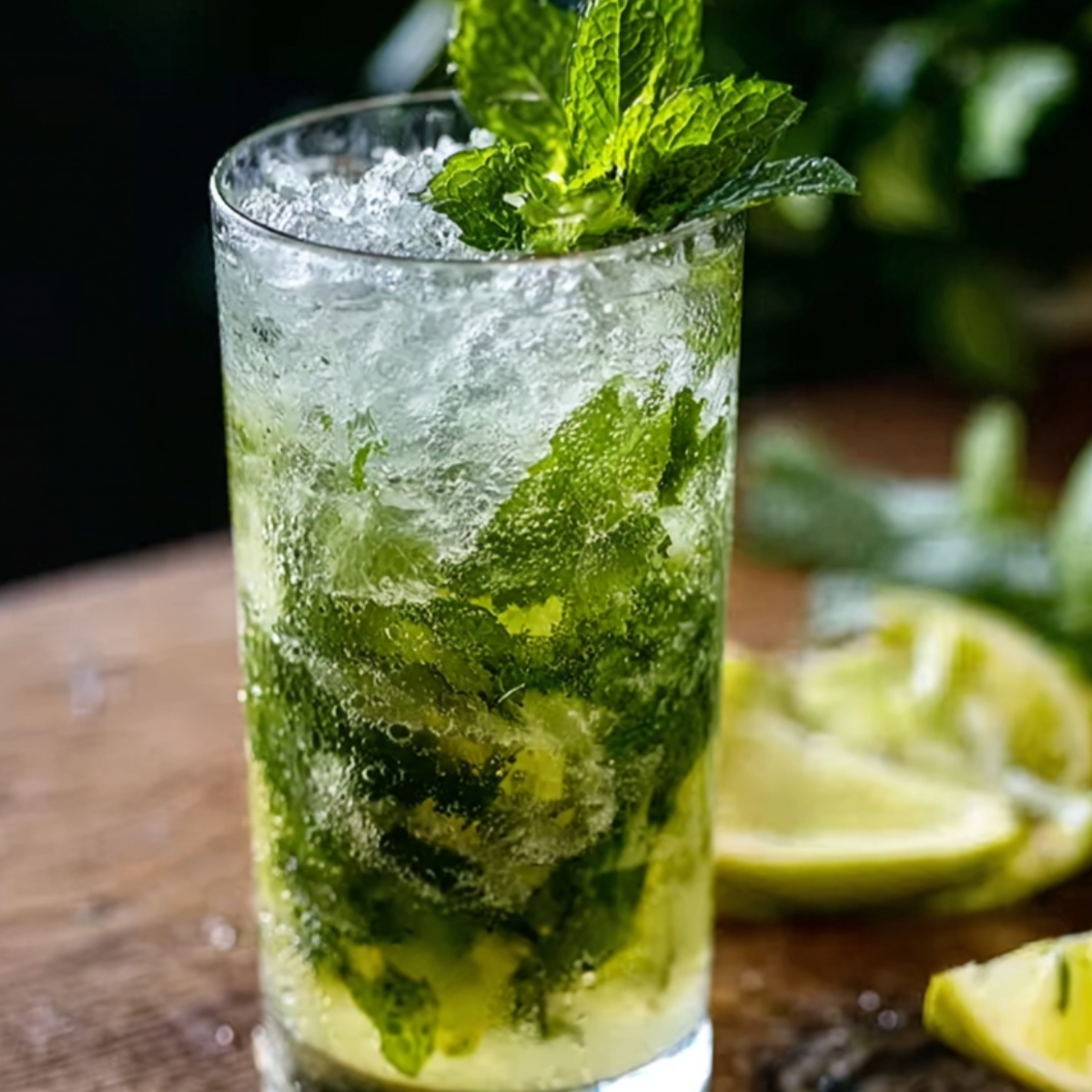 A woode mojito recipe fresh mint sprigs, lime wedges, and crushed ice in a small glass, with whole limes placed next to it.