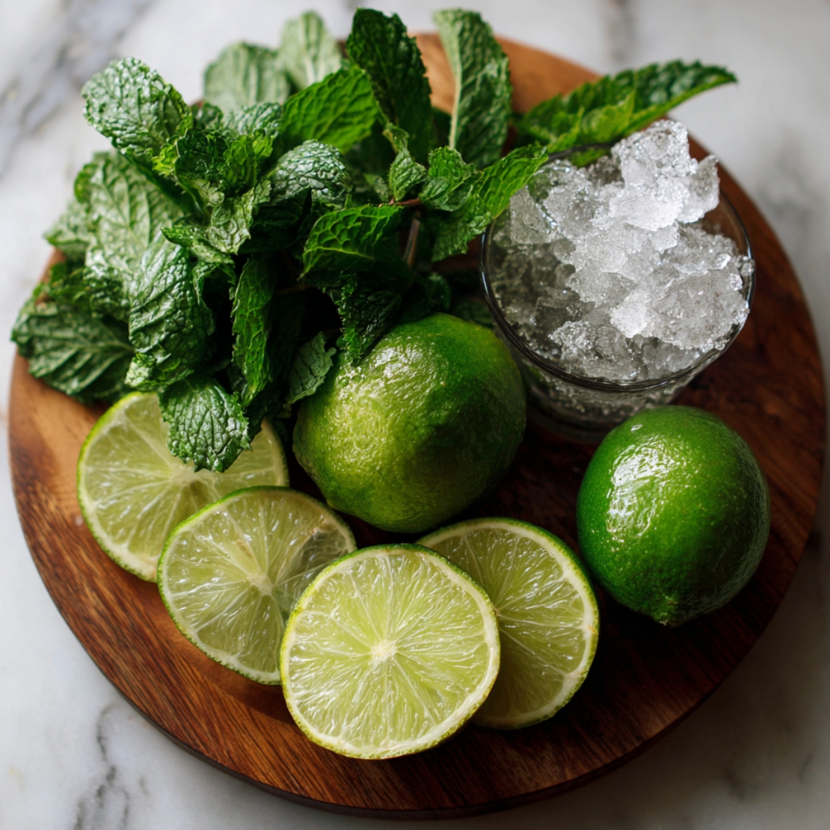 A tall glass of mint cocktail with crushed ice, fresh mint leaves, and lime slices, resting on a wooden surface, with a blurred background of more mint and lime slices.