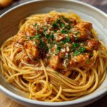 : A bowl ofchicken spaghetti recipe with a rich tomato-based sauce, shredded chicken, and fresh parsley garnish.