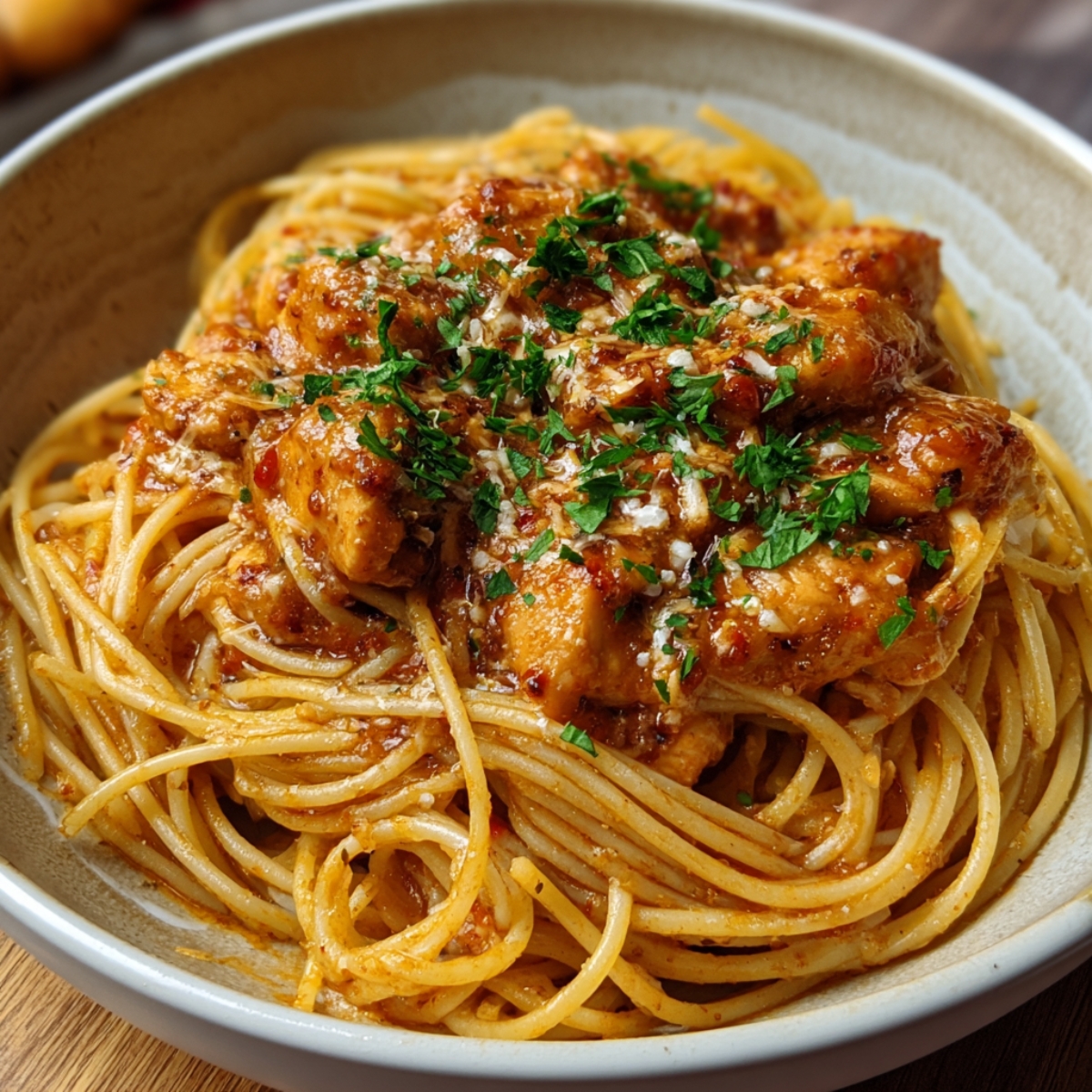 : A bowl ofchicken spaghetti recipe with a rich tomato-based sauce, shredded chicken, and fresh parsley garnish.