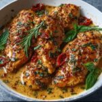 Plated marry me chicken recipe topped with creamy sun-dried tomato sauce and garnished with fresh herbs like basil and rosemary for a restaurant-style finish.