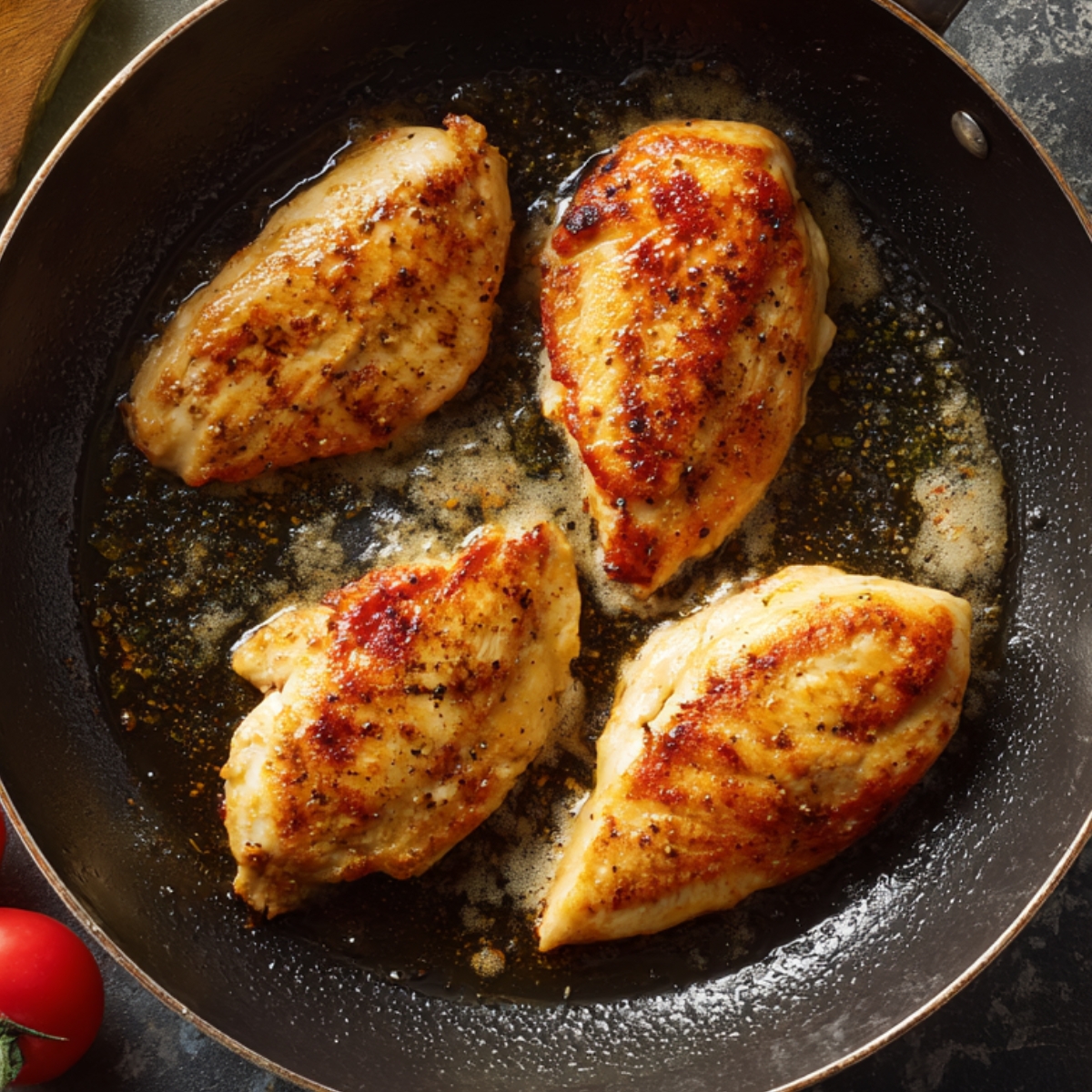 Four golden-brown chicken breasts sizzling in butter and oil in a black skillet, creating a crispy, flavorful crust.