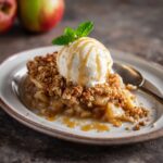 A plate of warm apple crisp recipe served with a scoop of vanilla ice cream, caramel drizzle, and a mint sprig for garnish, showcasing the perfect dessert finish.