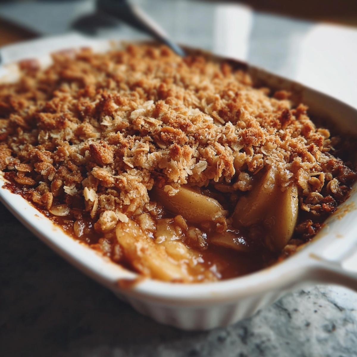 Golden apple crisp with a perfectly baked oat topping, showing crispy, caramelized edges and bubbling fruit filling peeking out from under the crust.