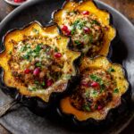 Stuffed acorn acorn squash recipe with a golden, crusted filling and garnished with pomegranate seeds and fresh parsley, offering a vibrant and savory dish.