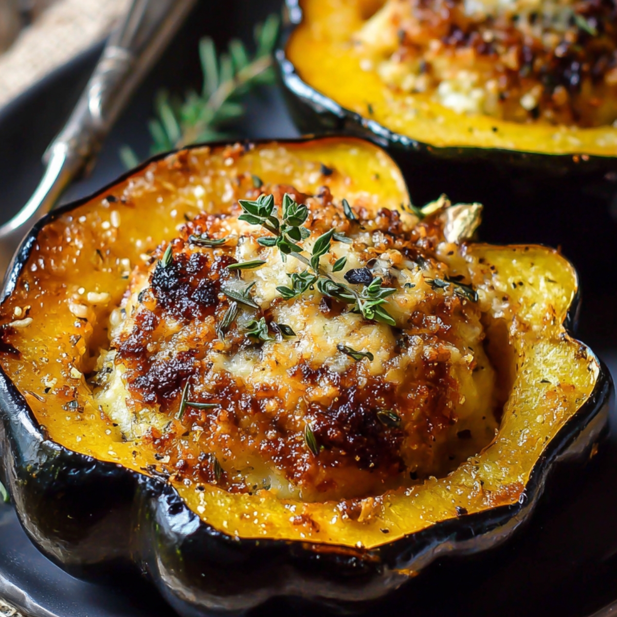 Baked acorn squash filled with a golden, cheesy stuffing, topped with fresh thyme for garnish and a perfectly crisped top.