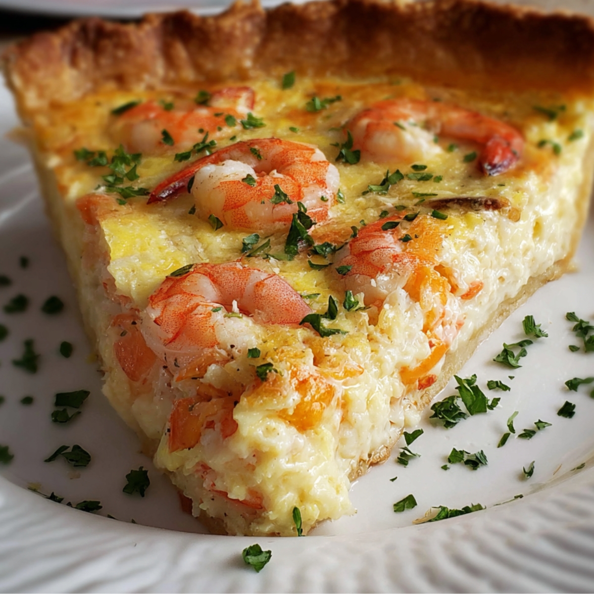 A slice ofFlorida shrimp pie quiche with parsley garnish, showing a golden crust and a creamy filling with shrimp on top.
