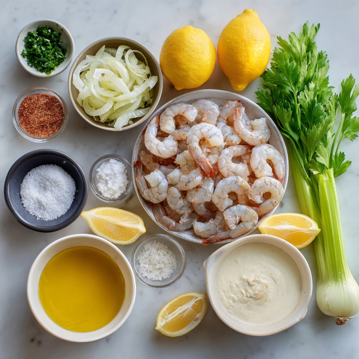 A variety of ingredients for a shrimp dish, including shrimp, lemon, celery, onion, and seasonings neatly arranged on a marble countertop.