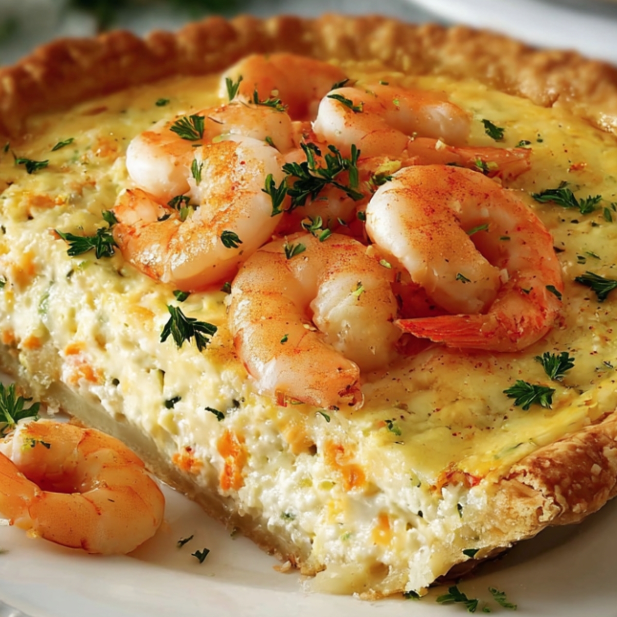 A close-up shot of a shrimp quiche with a flaky crust, topped with shrimp, parsley, and a sprinkle of paprika.