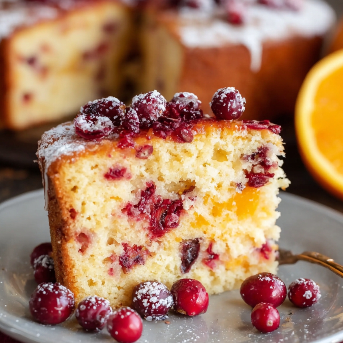 A slice of cranberry orange cake served on a plate, with fresh cranberries and a dusting of powdered sugar on top.