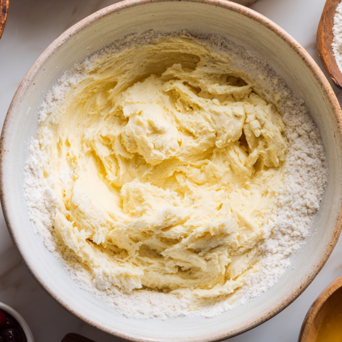 A bowl with a mixture of butter and flour, likely the start of cake batter preparation.