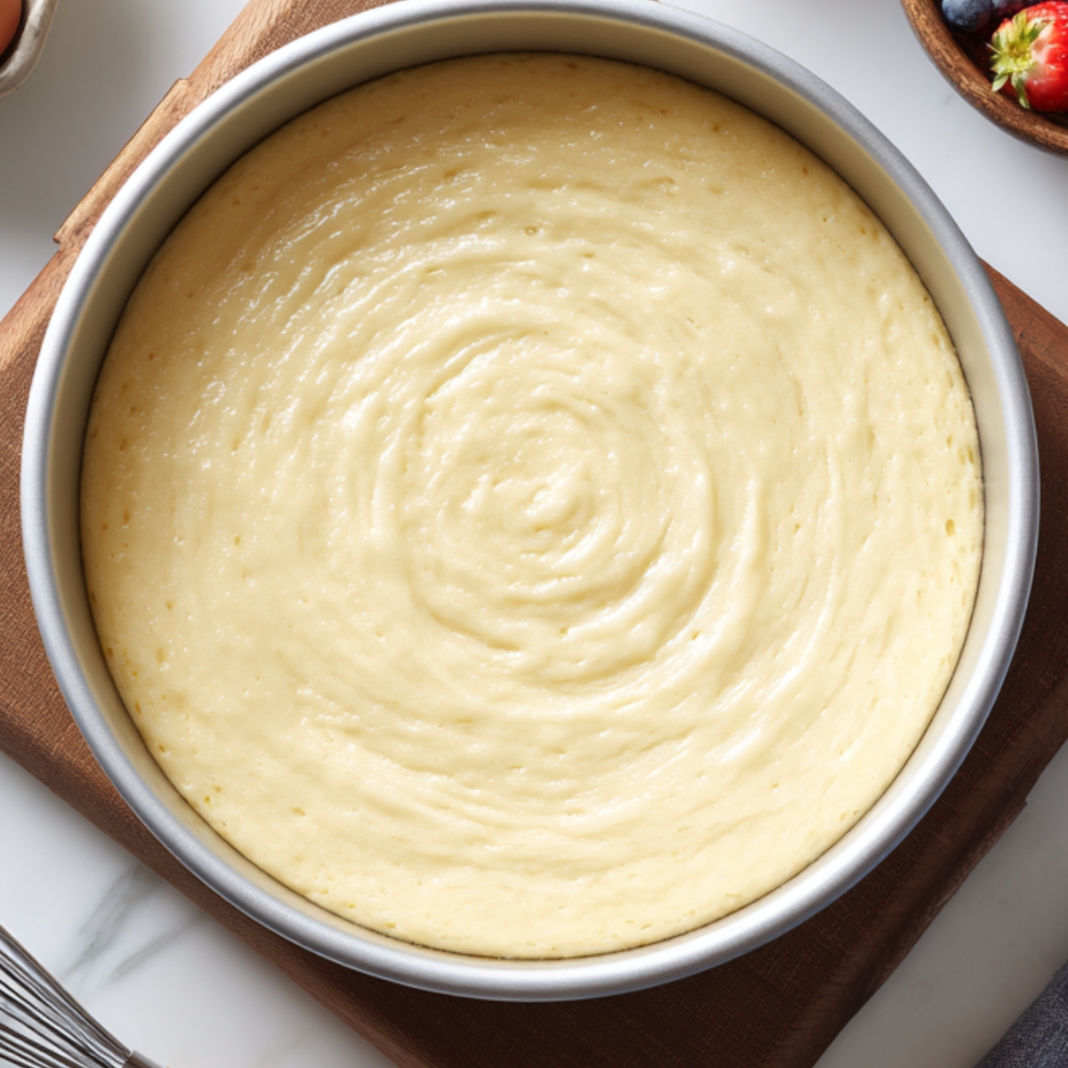 A round cake pan filled with a batter before being baked, showing a smooth and even surface.