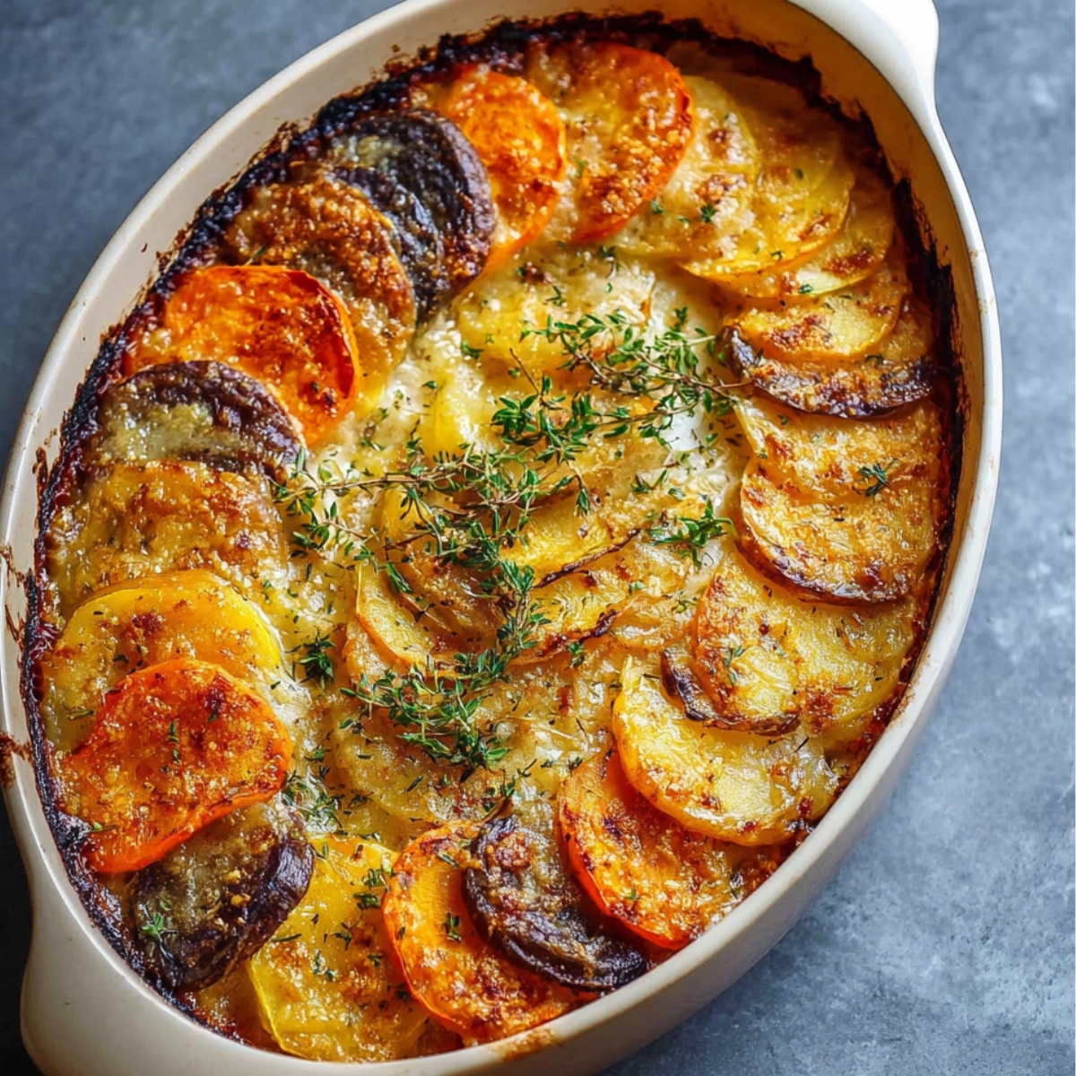 A beautifully baked dish of root veggie gratin root vegetables (potatoes, sweet potatoes, carrots) topped with thyme and a golden, crispy crust.