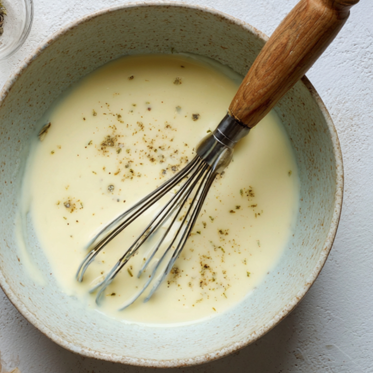 A casserole dish filled with beautifully arranged slices of mixed vegetables (potatoes, tomatoes, and zucchini) in a creamy base, topped with herbs.