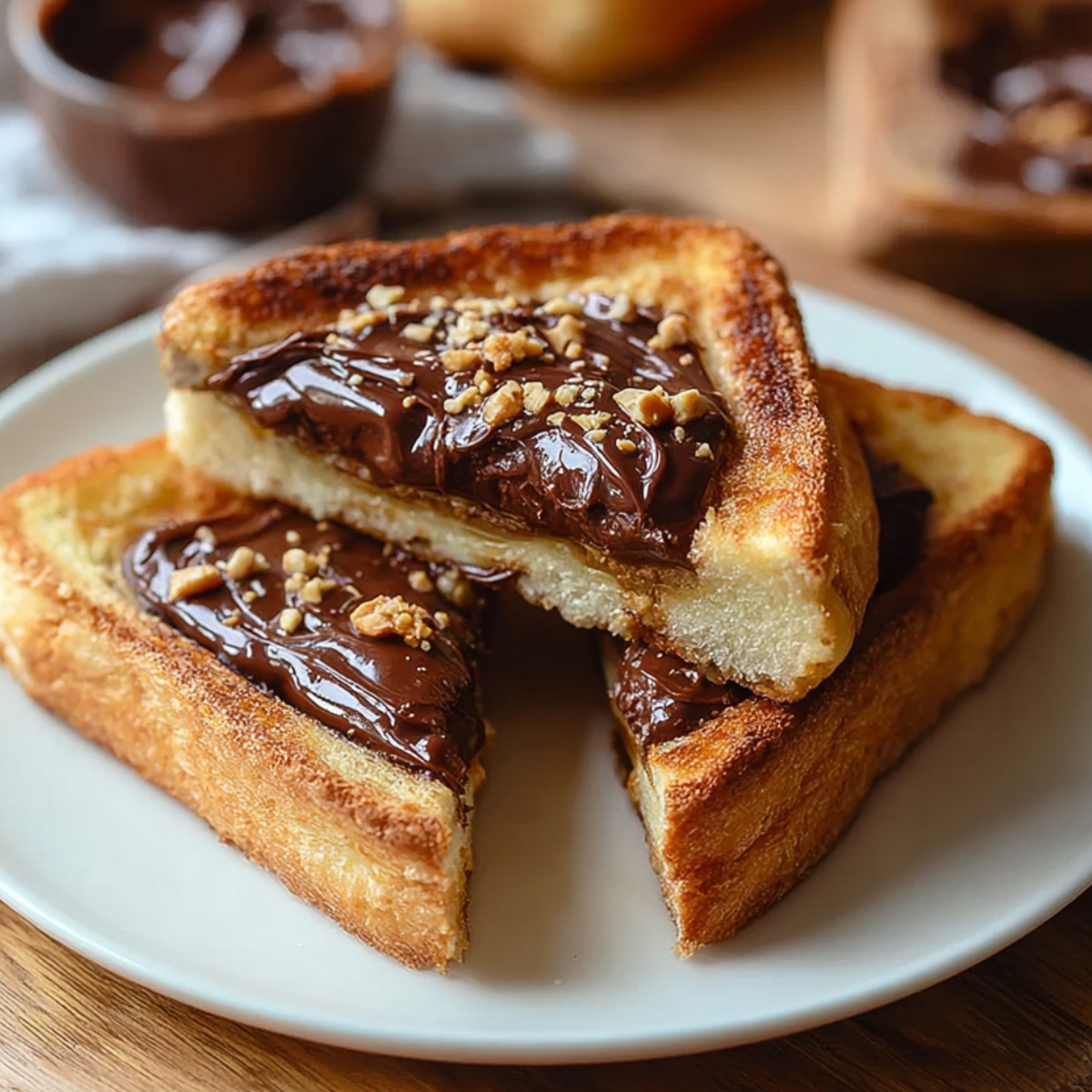 A cut Nutella toast pie with a golden crispy exterior and a rich chocolate filling, garnished with crushed nuts.
