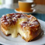“Flaky pastry filled with kings Hawaiian cheesecake danish and drizzled with icing, served on a white plate with a cup of coffee.”