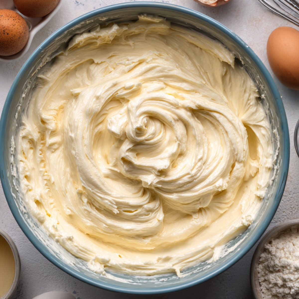 Creamy whipped butter filling in a mixing bowl, ready for spreading or piping into pastries.”