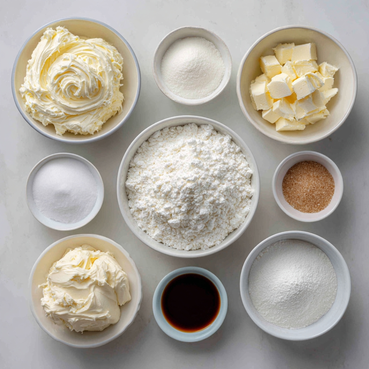 Cookie frosting ingredients — butter, cream cheese, powdered sugar, vanilla, and sugar arranged neatly in small bowls.”
