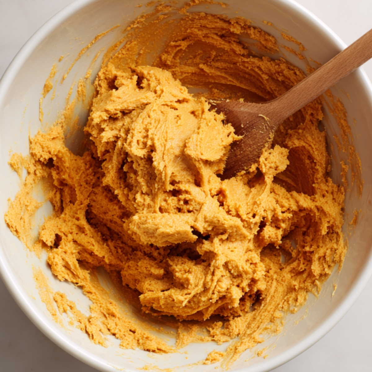 “Pumpkin cookie dough mixture with a wooden spoon in a white mixing bowl — soft and creamy texture.”