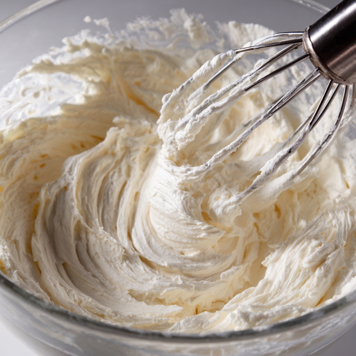 “Fluffy whipped cream frosting in a glass bowl with a whisk, ready to pipe onto pumpkin cookies.”