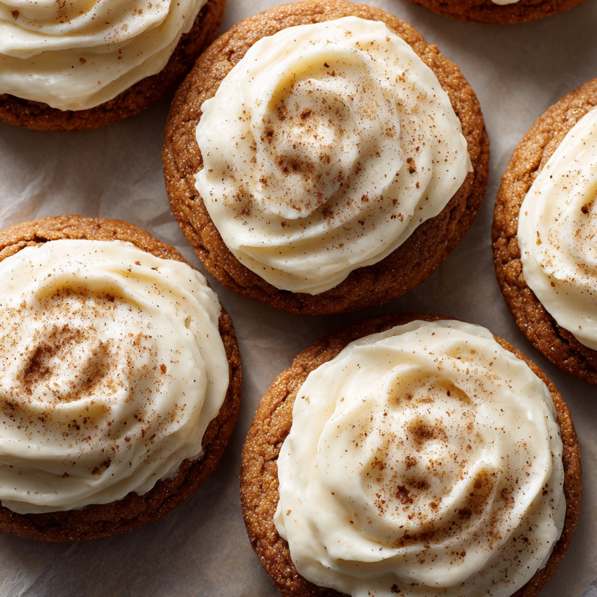 “Freshly baked pumpkin cookies with cream cheese frosting swirled on top and dusted with cinnamon.”