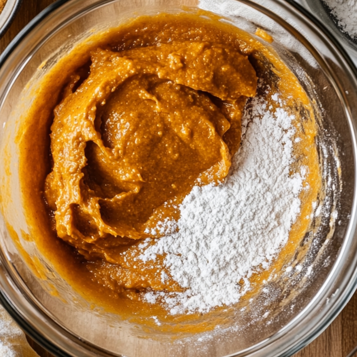 “Pumpkin cookie dough mixture with powdered sugar being blended in a glass mixing bowl.”