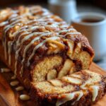 “Moist cinnamon swirl apple fritter bread loaf drizzled with vanilla glaze and topped with brown sugar crumble — perfect fall dessert.”