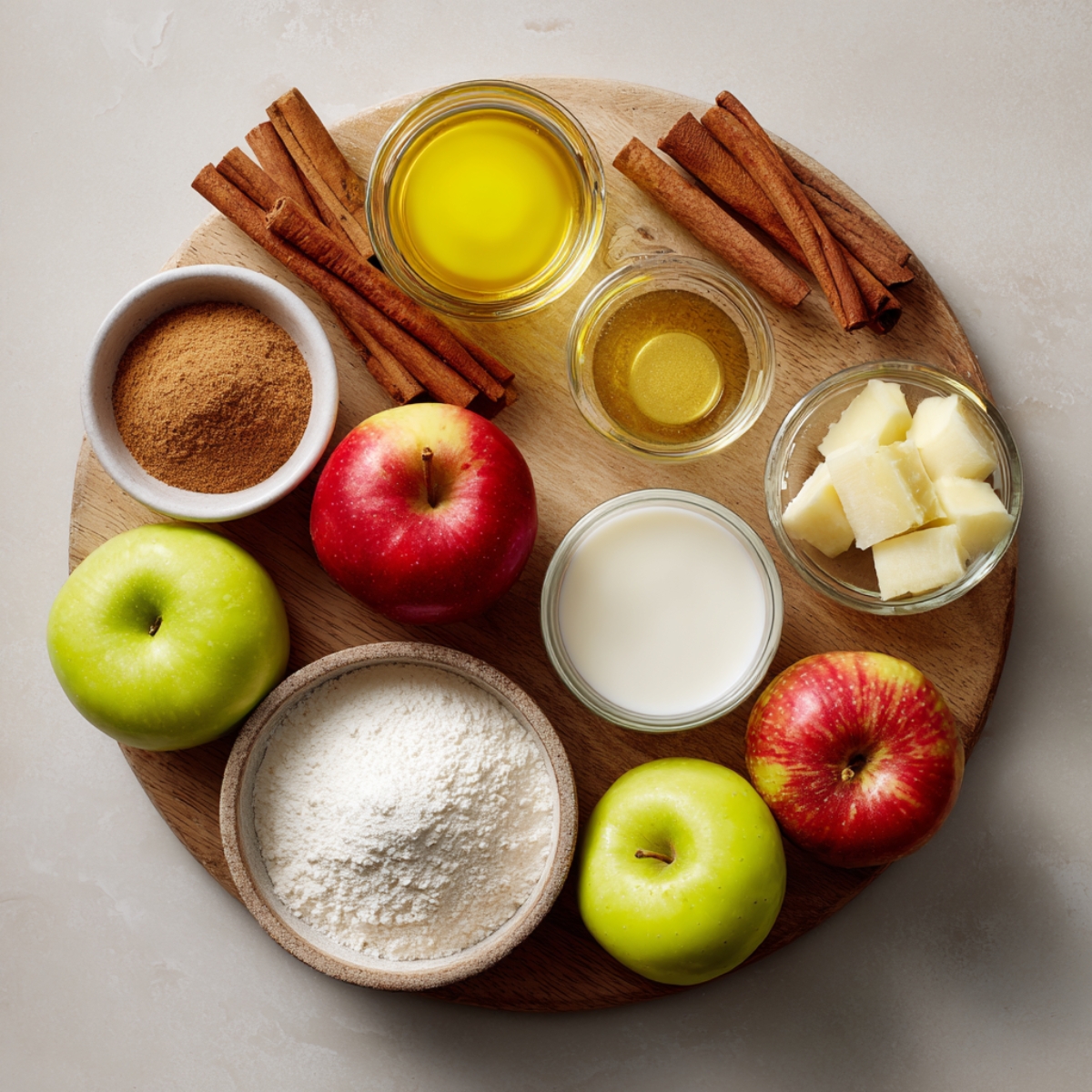 “Apple bread ingredients on a round wooden board — green and red apples, flour, cinnamon sticks, butter, sugar, and honey.”
