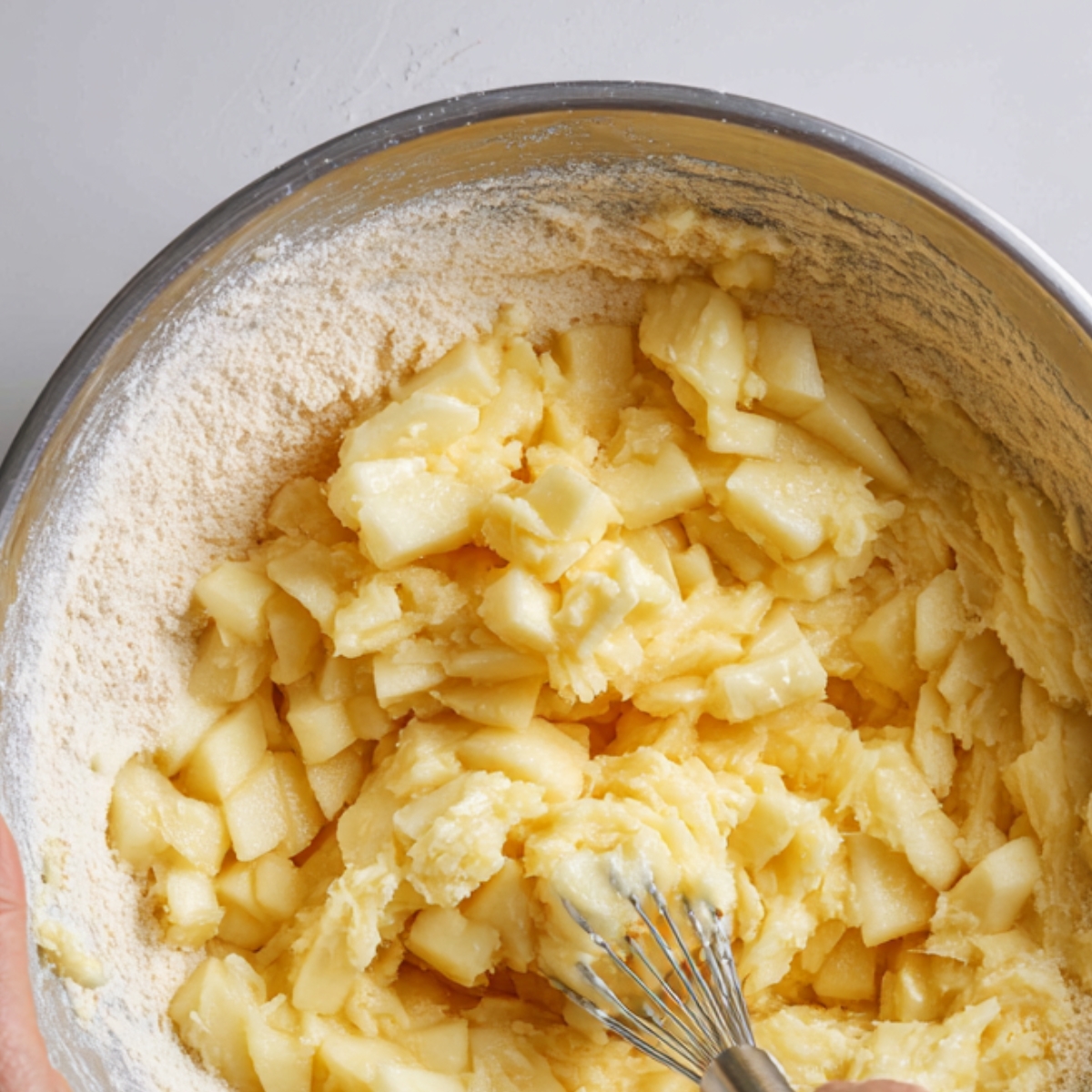 “Chunks of apples being folded into thick cinnamon bread batter in a mixing bowl.”
