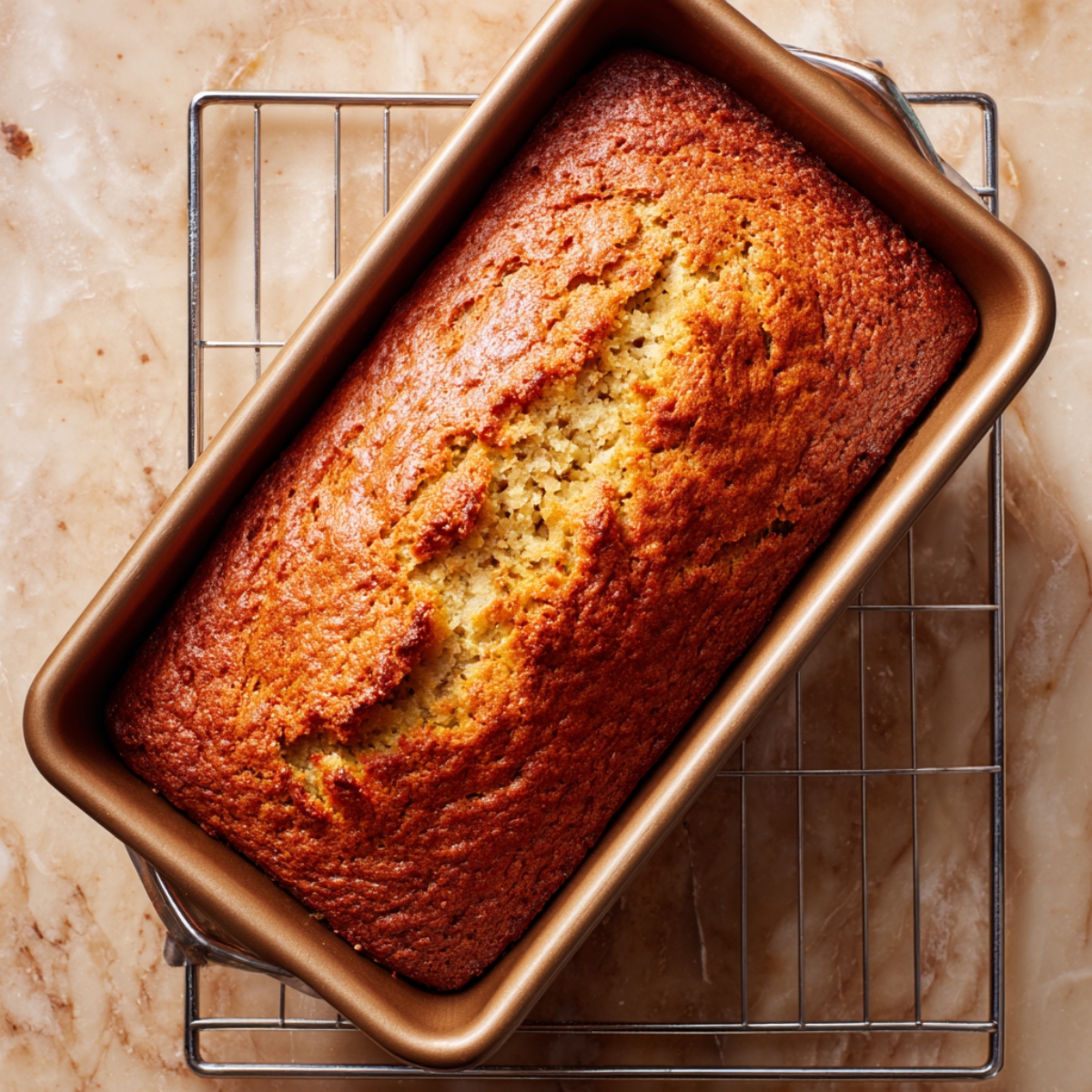 “Golden brown apple cinnamon bread loaf cooling in a baking pan on a wire rack.”