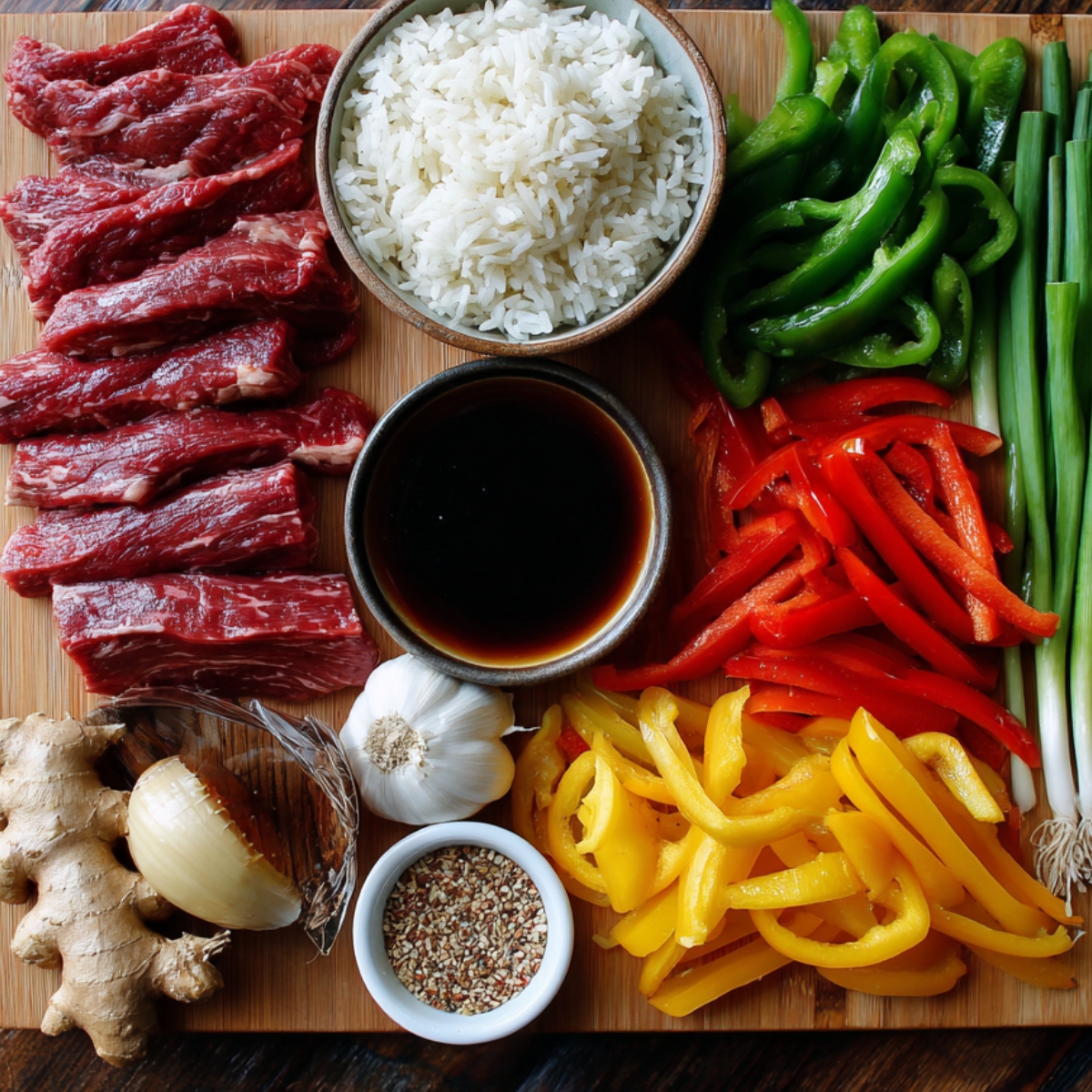 “Chinese pepper steak ingredients laid out — beef slices, rice, bell peppers, garlic, ginger, onions, soy sauce, and seasonings.”