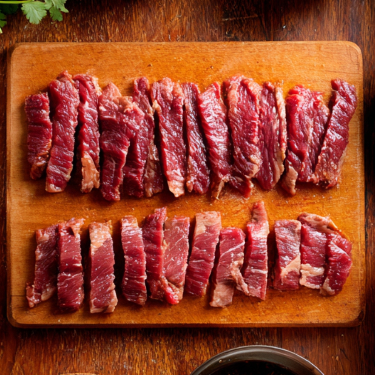 “Thinly sliced flank steak arranged neatly on a wooden board, prepped for Chinese pepper steak recipe.”